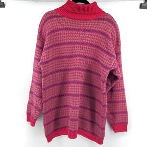 Vintage Maroon Red Granny Houndstooth Stripe Mock Turtleneck Tunic Sweater PL
